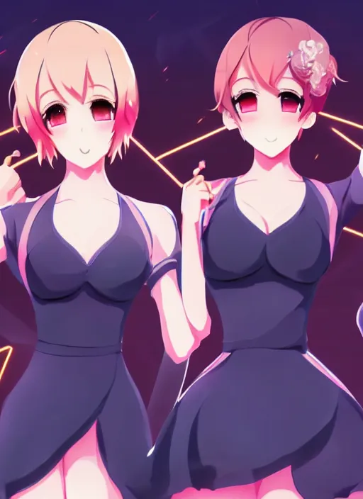 Image similar to two beautiful mature idols performing, short hair, gorgeous faces, smooth, thick lines, cinematic lighting, detailed anime art
