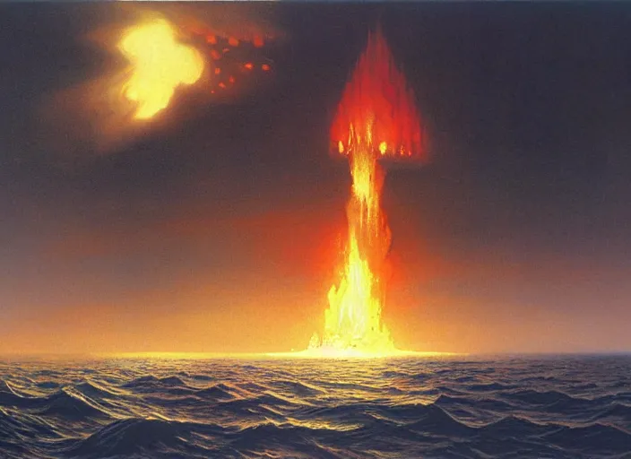 Prompt: a fire upon the deep, matte painting, peter elson