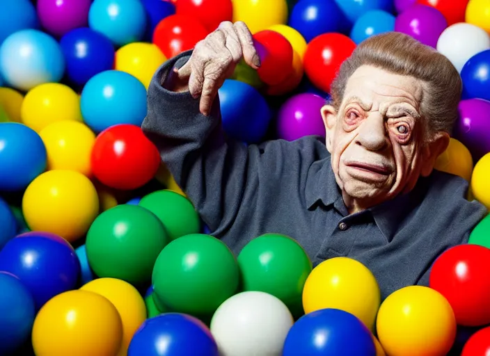 Image similar to photo still of jerry stiller in a ball pit!!!!!!!! at age 4 6 years old 4 6 years of age!!!!!!!! hiding from parents, 8 k, 8 5 mm f 1. 8, studio lighting, rim light, right side key light