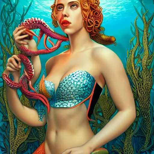 Prompt: lofi underwater mermaid portrait of scarlett johansson in swimsuit with a giant octopus, Pixar style, by Tristan Eaton Stanley Artgerm and Tom Bagshaw.
