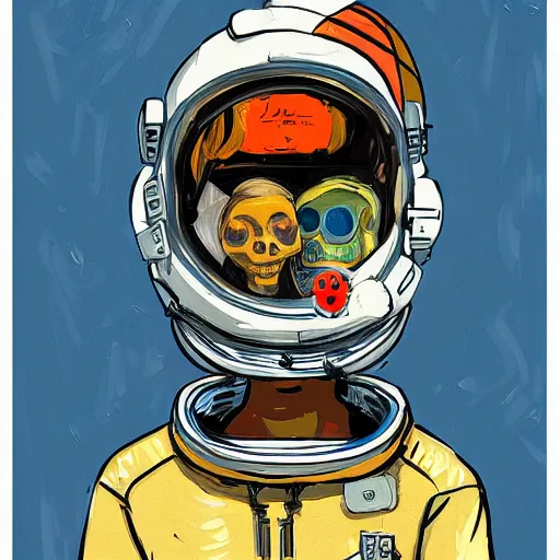 Prompt: a portrait of a girl skull face, astronaut in the style of banksy, van gogh, atey ghailan and steve mccurry, vibrant colors and hard shadows and strong rim light, lucien freud, comic cover art, trending on artstation