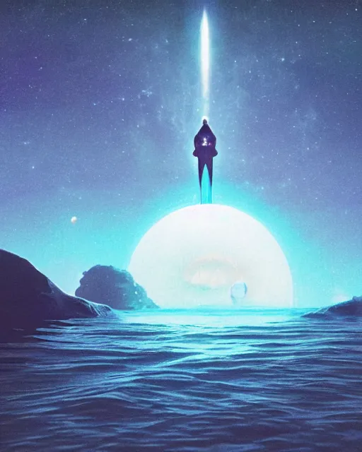 Image similar to a person wearing a white cloak standing in the water. a large planet is overhead. an album cover by stanley twardowicz, trending on cg society, retrofuturism, retrowave, chillwave, synthwave