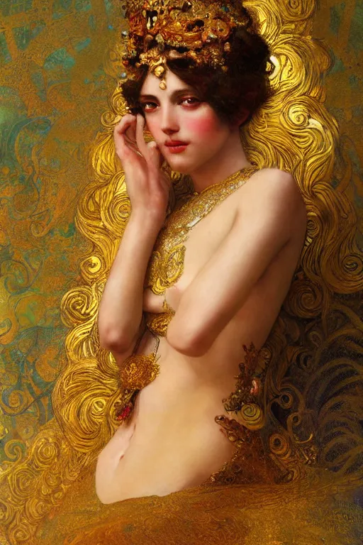 Image similar to an intricate artistic pose painting of a beautiful young goddess with an artistic sensual pose with klimt golden motives and textures, hyper detailed, ornamental gold headpiece, octane render, vivid colors, artstation, by jeremy mann, by alphonse mucha, by boris vallejo