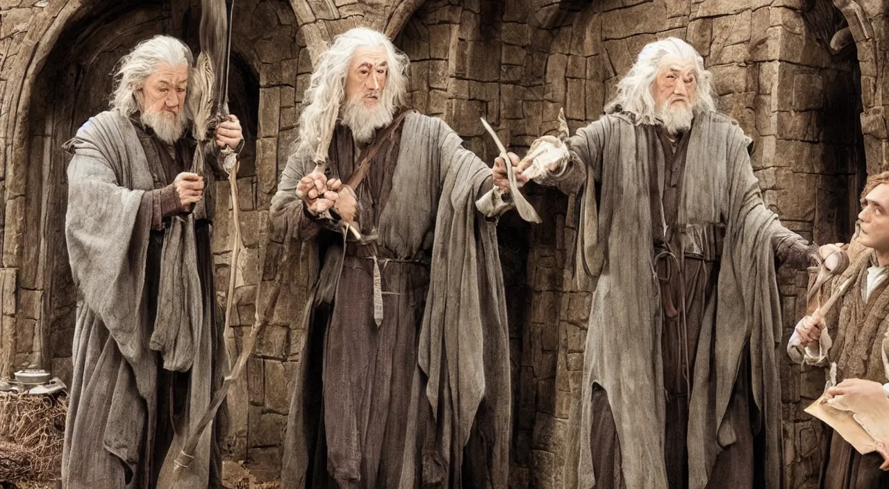 Prompt: gandalf and frodo in bag end, gandalf is holding an envelope, bag end in the style of h. r. giger, image from a movie