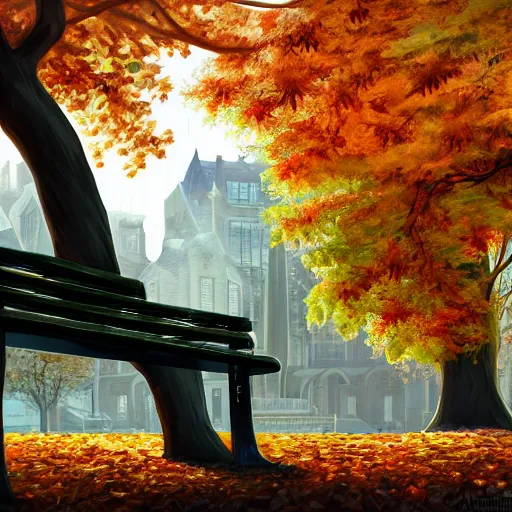 Prompt: highly detailed and intricate wlop artwork of a beautiful woman wearing casual clothes sitting on a park bench in the fall, volumetric lighting, extremely complex, trending on artstation, featured on behance, 4 k, 8 k, 1 6 k
