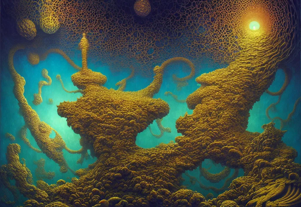 Image similar to hyper detailed 3d render like a Oil painting - an underwater portal into the depths of another cosmic dimension, by Jacek Yerka, Mariusz Lewandowski, Houdini algorithmic generative render, Abstract brush strokes, Masterpiece, Edward Hopper and James Gilleard, Zdzislaw Beksinski, Mark Ryden, Wolfgang Lettl, hints of Yayoi Kasuma, octane render, 8k