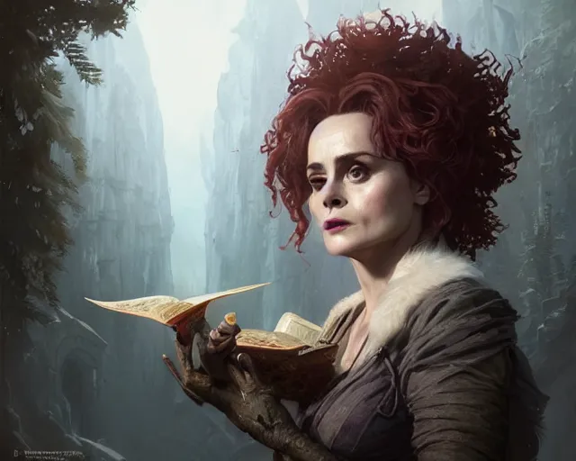 Image similar to highly detailed portrait of helena bonham carter as a mage, in dragon age : inquisition, stephen bliss, unreal engine, fantasy art by greg rutkowski, loish, rhads, ferdinand knab, makoto shinkai and lois van baarle, ilya kuvshinov, rossdraws, tom bagshaw, global illumination, radiant light, detailed and intricate environment