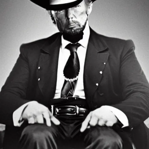 Image similar to an 1 8 0 0 s photo of donald trump playing the role of clint eastwood, squinting at high noon, in the style of a clint eastwood movie, the good, the bad and the ugly, clint eastwood, vibe, donald trump, glory days, mount rushmore, stern, resolve, formal, justice, american flag, independence, patriotism