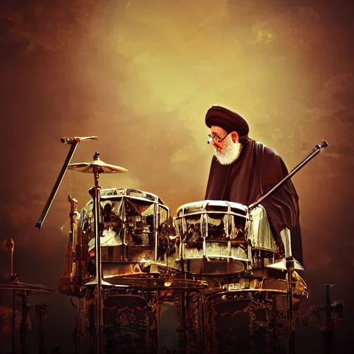 Image similar to khamenei playing drums in heavy metal band in heaven, high definition, trending on artstation, unreal engine, photorealistic, high resolution,, trending on deviantart, hdr, hyper detailed, insane details, intricate, elite, ornate, elegant, luxury, dramatic lighting, 1 0 6 6 3 8 1 0 9 0