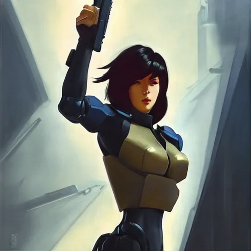 Image similar to greg manchess portrait painting of invisible armored motoko kusanagi as overwatch character, medium shot, asymmetrical, profile picture, organic painting, sunny day, matte painting, bold shapes, hard edges, street art, trending on artstation, by huang guangjian, gil elvgren, ruan jia, greg rutkowski, gaston bussiere