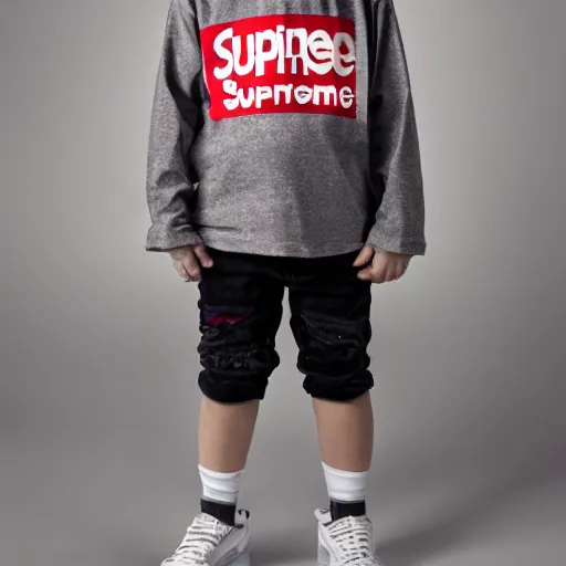 Image similar to short kid wearing a supreme shirt, detailed, studio