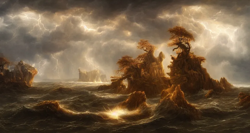 Image similar to eldritch, flying!!! island, windy, by eugene von guerard, ivan shishkin, night, red lightning, storm, dramatic lighting, concept art, trending on artstation, 8 k