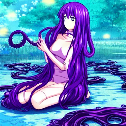 Image similar to an anime girl with purple tentacle hairs, sitting near a swamp