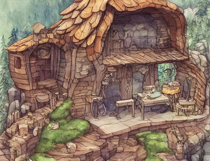 Image similar to cute and funny, a magicians cabin carved into a mountain, centered award winning watercolor pen illustration, isometric illustration by chihiro iwasaki, tiny details by artgerm and watercolor girl, sharply focused