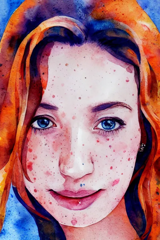 Prompt: portrait of a young beautiful auburn woman, closing her eyes, smiling, aquarelle, realistic painting, freckles, 1 / 4 headshot