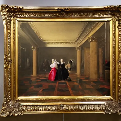 Prompt: oil on canvas painting no frame. two women in a vast castle lobby wearing fine clothes, two men looking at one of her in the distance. dark room with light coming through the right side of the place. baroque style 1 6 5 6. high quality painting, no distortion on subject faces.