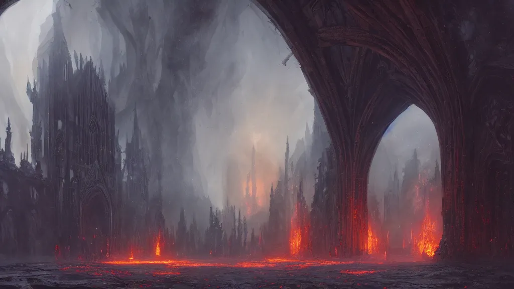 Prompt: a small obsidian gothic cathedral with a giant obsidian door, in the elemental plane of fire, with rivers of lava surrounding it, Dungeon and Dragon illustration, painted by Greg Rutkowski, 4k, trending on ArtStation