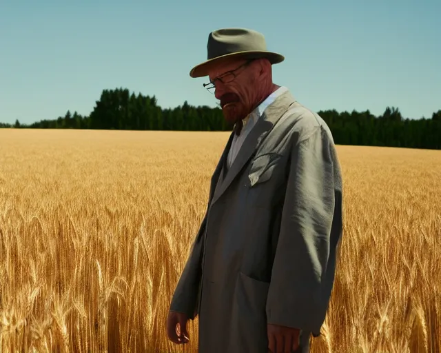 Prompt: walter white wearing a hat and gustavo fring facing each other in a wheat field, long shot, side view, 3 5 mm photograph, 8 k resolution, wide shot, sharp lens