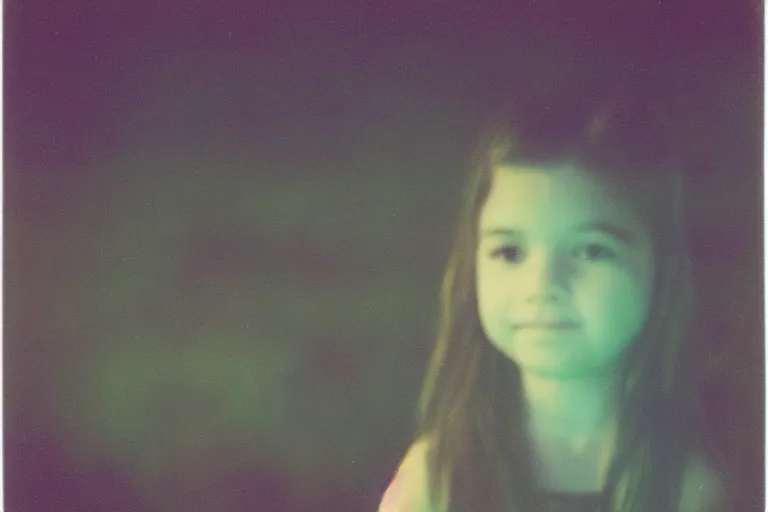 Image similar to blured girl on night vision, focused background galaxy, polaroid photo