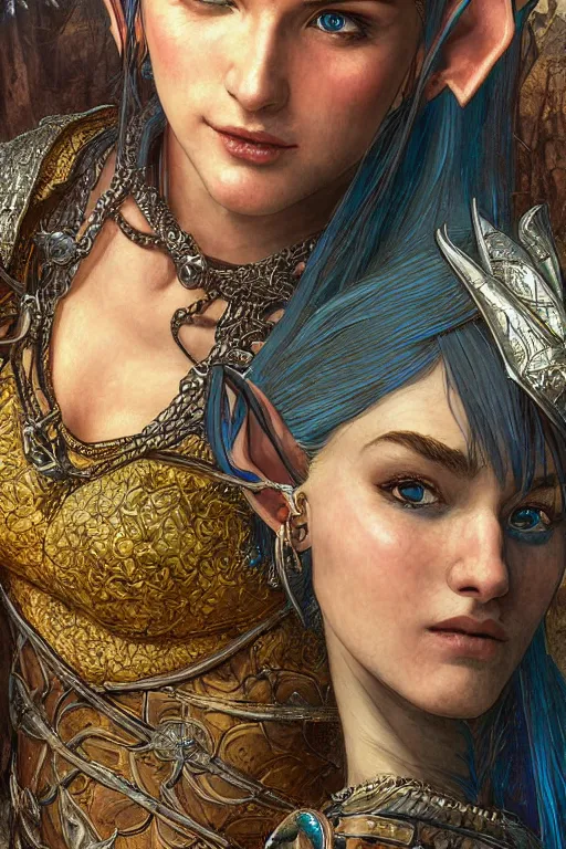 Image similar to alluring highly detailed matte close-up portrait of beautiful elf Shani (from Witcher 3) wearing chesty chainmail bikini and a blue cloak, very detailed, realistic, manga, pen and ink, by Stanley Artgerm Lau, greg rutkowski, thomas kindkade, alphonse mucha, loish, norman rockwell J.