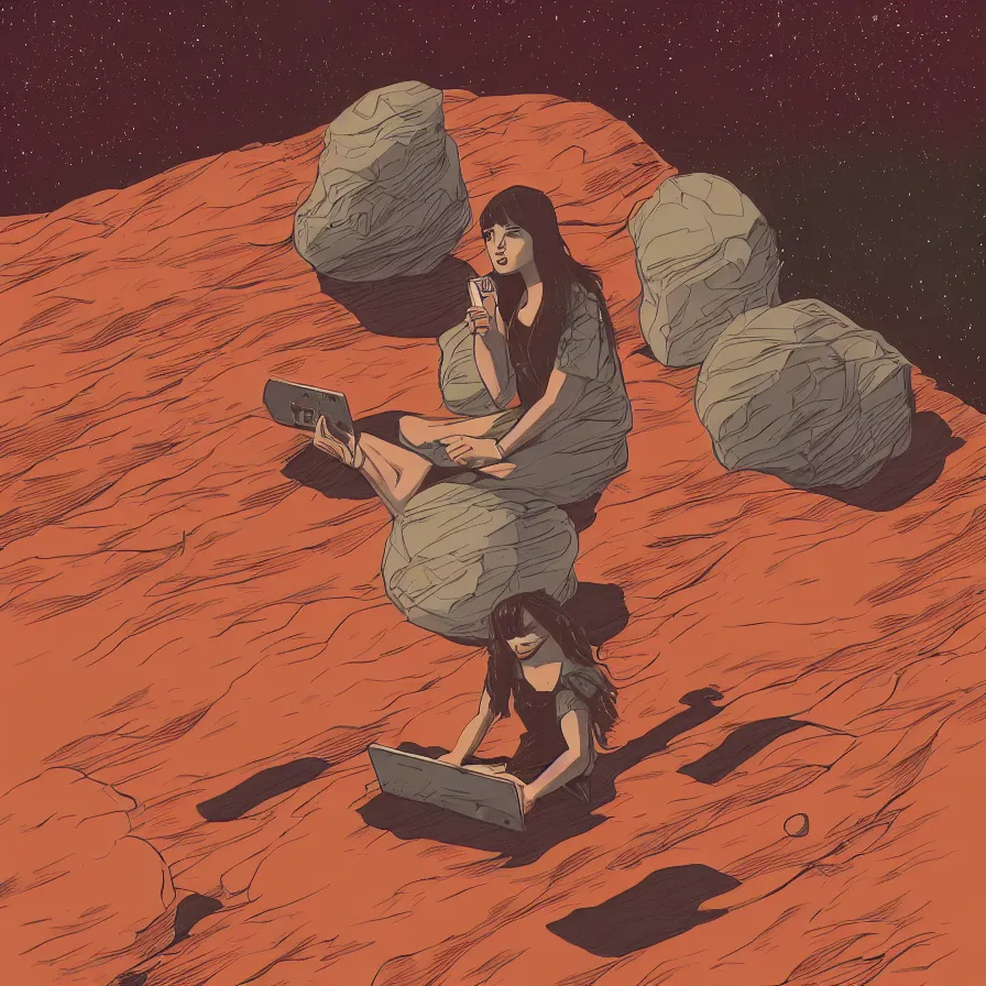 Image similar to very detailed, prophet graphic novel, ilya kuvshinov, mcbess, rutkowski, simon roy, illustration of a girl sitting alone on the surface of mars while staring at her phone, wide shot, colorful, deep shadows, astrophotography, award winning