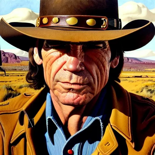 Image similar to portrait of tommy lee jones as sheriff ed tom bell in no country for old men. 7 0 s cowboy clothes and environment. flat colours. warm colours. oil painting by lucian freud. path traced, highly detailed, high quality, j. c. leyendecker, drew struzan tomasz alen kopera, peter mohrbacher, donato giancola