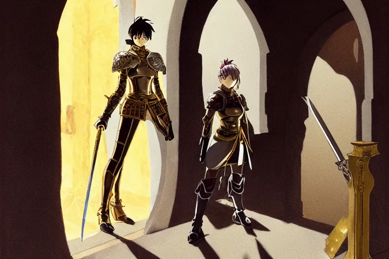 Image similar to anime key visual of young female fantasy knight, shoulder length brown hair shining detailed platinum and gold trim armor, wielding two bloody daggers, standing in the doorway of an ancient stone silver monastery, style of jamie wyeth james gilleard edward hopper greg rutkowski acrylic painting, preserved museum piece, historical