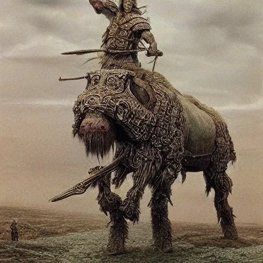 Image similar to ancient norse mammoth rider, wearing norse armor, intricated, hyper detailed, beksinski