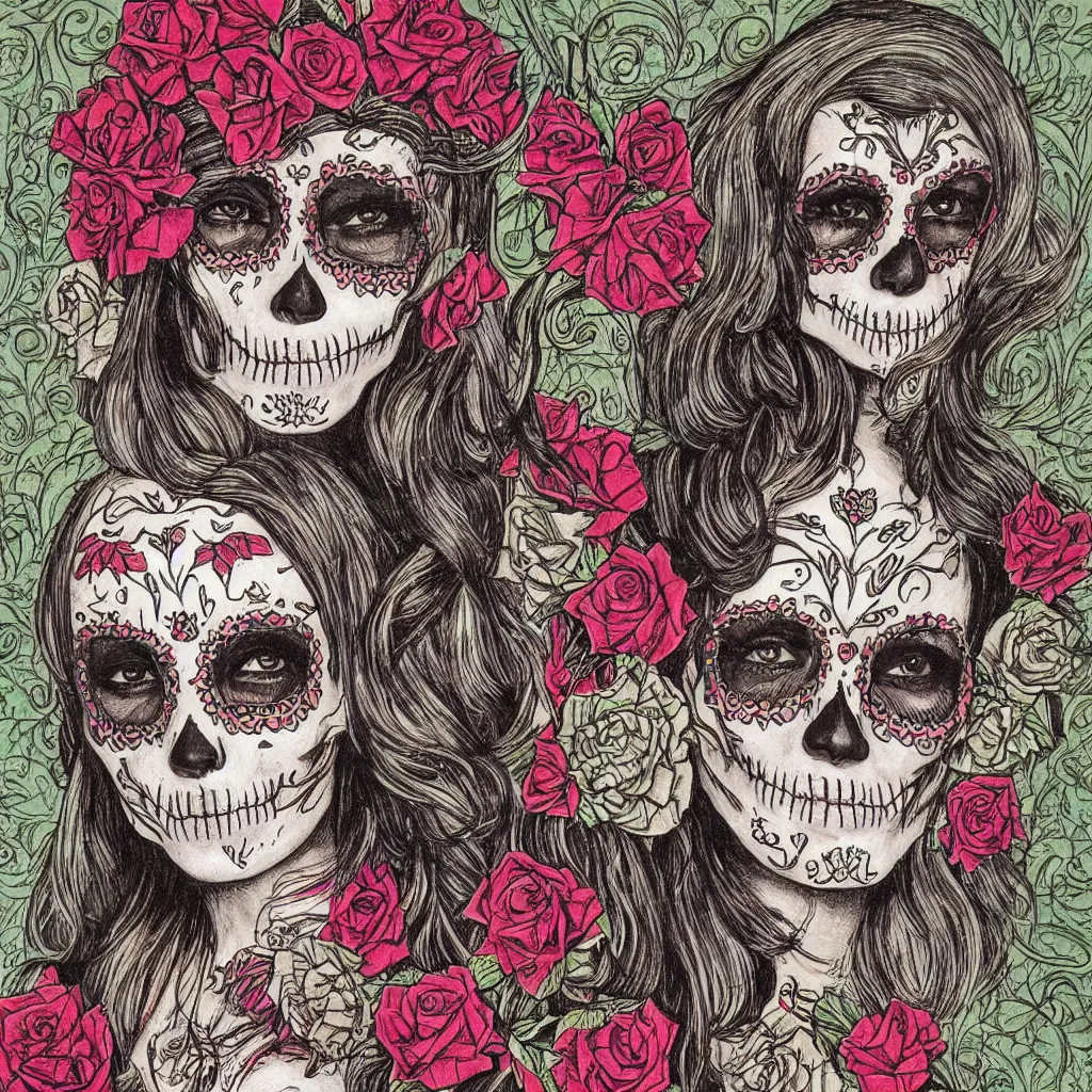 Image similar to Illustration of a sugar skull day of the dead girl, art by louis rhead