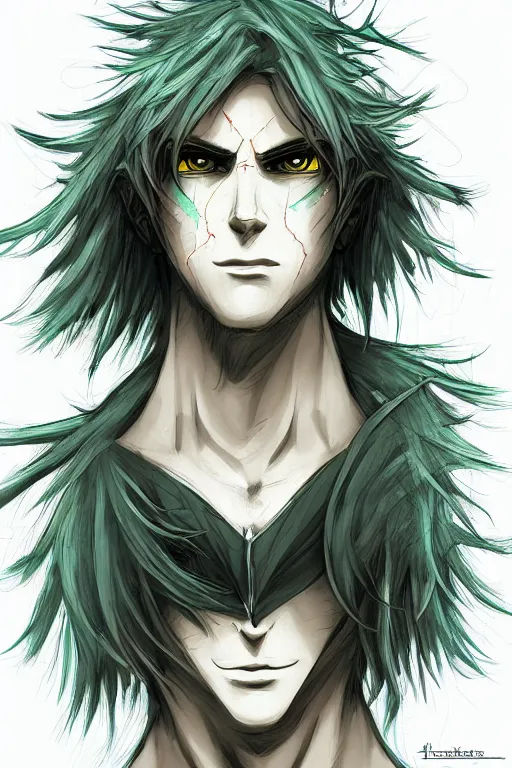 Image similar to nuke cloud dandelion male anime character, symmetrical, highly detailed, digital art, sharp focus, trending on art station, green eyes, glowing radioactive colours