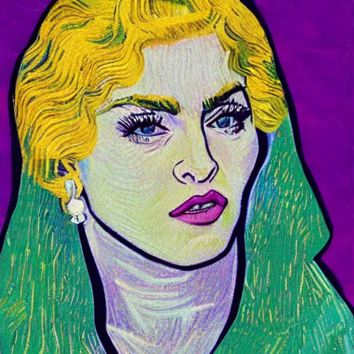 Prompt: an artistic portrait of madonna, high quality, studio photography, colorful, hero, 1 9 8 8, heroic, beautiful, in the style of vincent van gogh