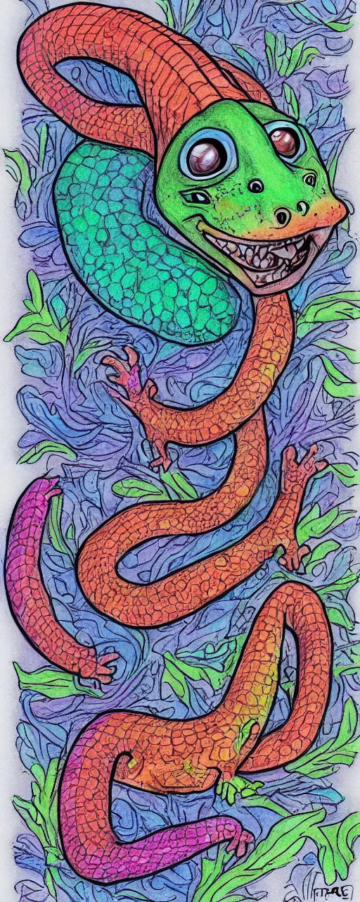 Image similar to happy lizard, anime, cartoon, pencil color