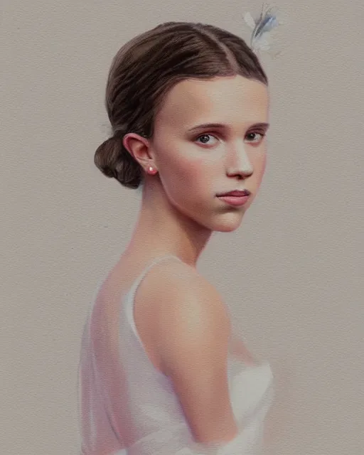 Image similar to a painting of a girl resembling alicia vikander or millie bobby brown in a wedding dress, highly detailed, artstation, concept art, by thomas canty