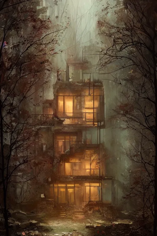 Image similar to a ramshackle Manhattan brick brownstone deep in the forest by Bastien Lecouffe Deharme