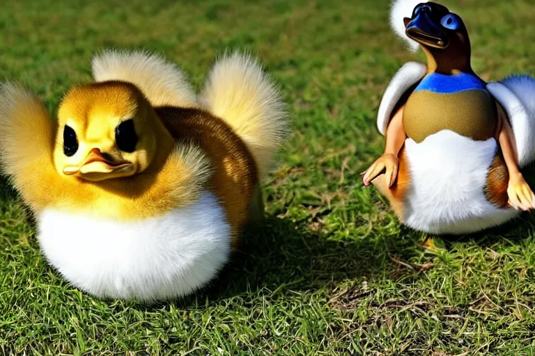 Image similar to real life psyduck pokemon, cute!!!, heroic!!!, adorable!!!, playful!!!, chubby!!! fluffly!!!, happy!!!, cheeky!!!, mischievous!!!, ultra realistic!!!, spring time, slight overcast weather, golden hour, sharp focus