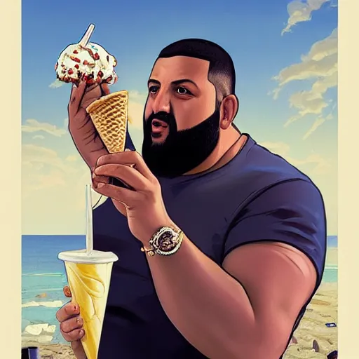 Prompt: portrait of DJ Khaled holding ice cream cone with large scoop of ice cream as a Grand Theft Auto Cover, elegant, intricate, headshot, highly detailed, digital painting, artstation, concept art, sharp focus, illustration, art by artgerm and greg rutkowski and alphonse mucha