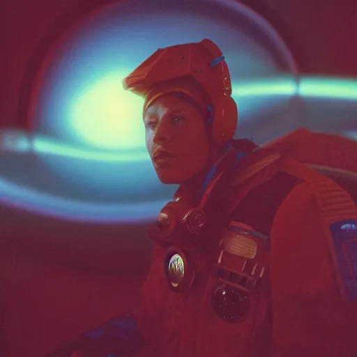 Prompt: stunning portrait of a space freighter pilot, photography, film still, Highly detailed, 1980s science fiction atmosphere, dark, teal and orange color grading,