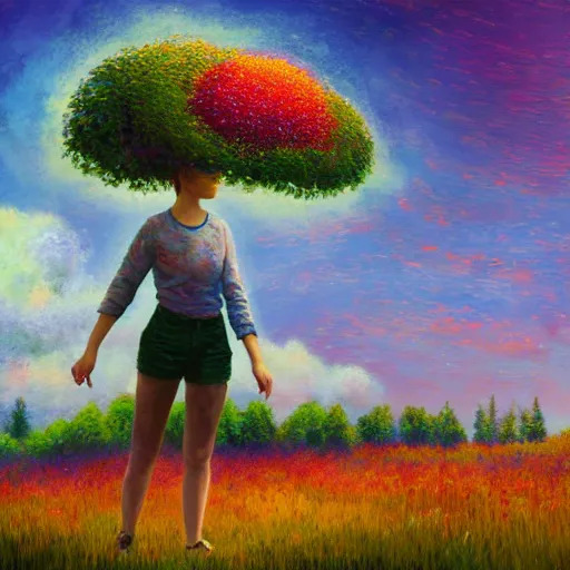 Image similar to girl with giant flower as a face, flower field, big trees, sunrise dramatic light, impressionist painting, colorful clouds, digital painting, pointillism, artstation, simon stalenhag