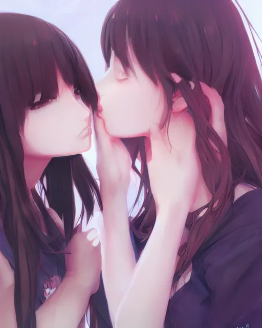 Image similar to portrait of two girls kissing, anime, drawn by WLOP, trending on Artstation