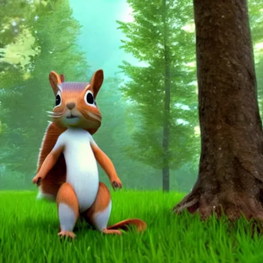 Prompt: a cute squirrel with a green helmet, in the woods, fantasy, unreal engine