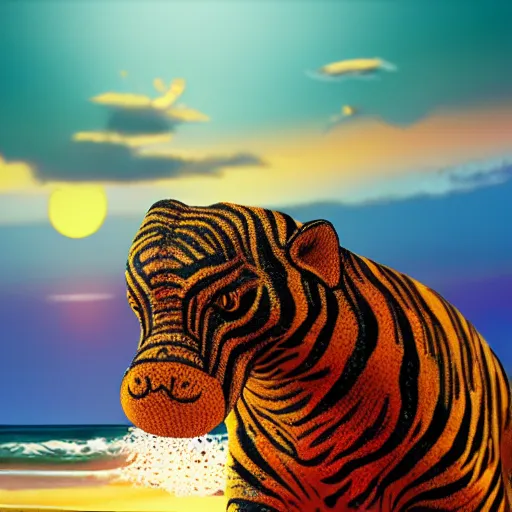 Image similar to a closeup photorealistic photograph of a cute smiling knitted tiger hippopotamus riding an epic wave at sunset. surf in the background. professional capture. brightly lit scene. this 4 k hd image is trending on artstation, featured on behance, well - rendered, extra crisp, features intricate detail, epic composition and the style of unreal engine.