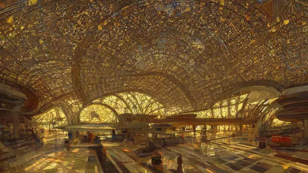 Image similar to a beautiful painting of an ornate airport designed by frank lloyd wright, with gold and mosaics, intricate, elegant, highly detailed, digital painting, artstation, concept art, by krenz cushart and artem demura and alphonse mucha