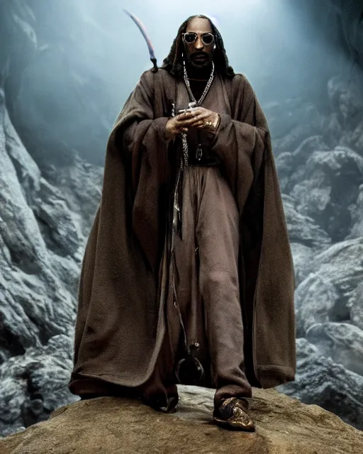 Image similar to Snoop Dogg in the role of Gandalf the Grey, balrog fighting scene in the cave, film still, amazing short, 8K, IMAX, ultra detailed