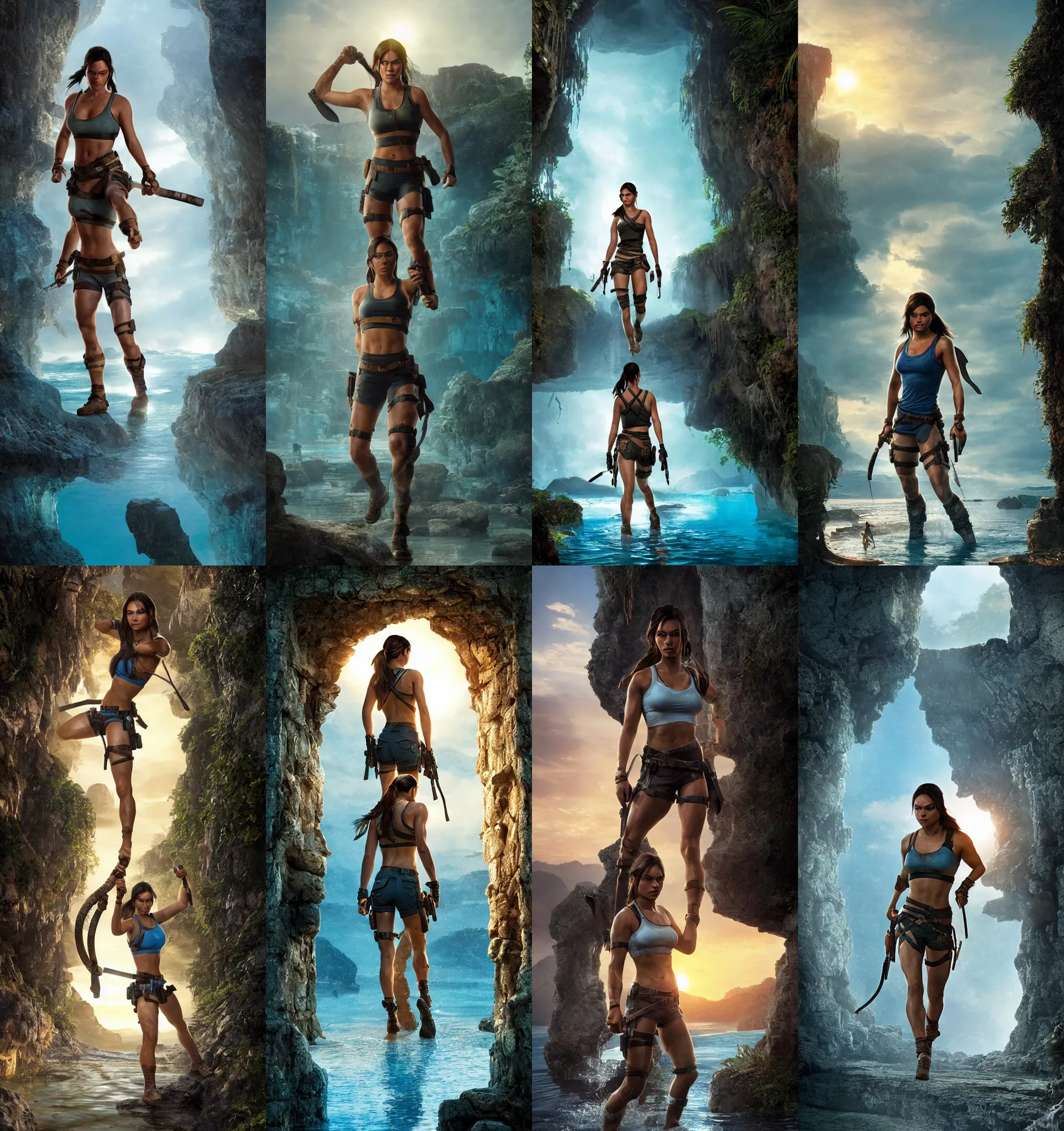 Prompt: mila kunis as muscled amazon lara croft wading through shallow blue glowing water, bright white castle stones, 2 0 0 mm focal length, epic vista of old ruins, sundown, golden hour, intricate, elegant, stanley lau, greg rutkowski