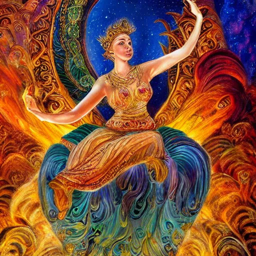 Image similar to goddess by josephine wall, checking her phone, sitting on flying golden ram, erupting volcano in distance, flowers in foreground, sunset, stars in sky, fantasy