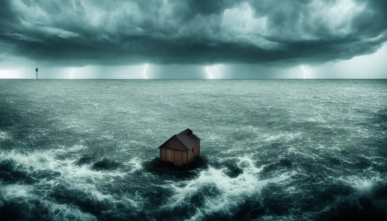 Image similar to lonely house on the island, lake, windy waves, raining, storm, distant thunder, atmospheric, scary, ambient vibe, very detailed, high resolution, 8 k