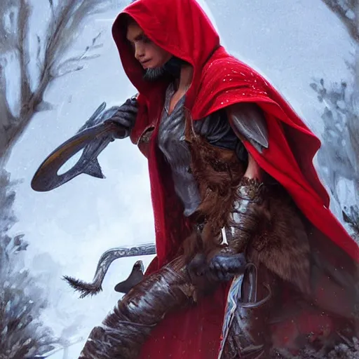 Image similar to digital _ painting _ of _ little red riding silk hood wolf slayer _ by _ filipe _ pagliuso _ and _ justin _ gerard _ unsymmetric _ ballad _ highly _ detailed _ unrealistic _ intricate _ port