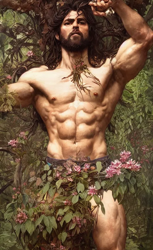 Image similar to god of the forest, 3 0 years old, rugged, male, gorgeous, detailed face, amazing, thighs!!!!!!, flowers, muscular, intricate, highly detailed, digital painting, artstation, concept art, sharp focus, illustration, art by greg rutkowski and alphonse mucha