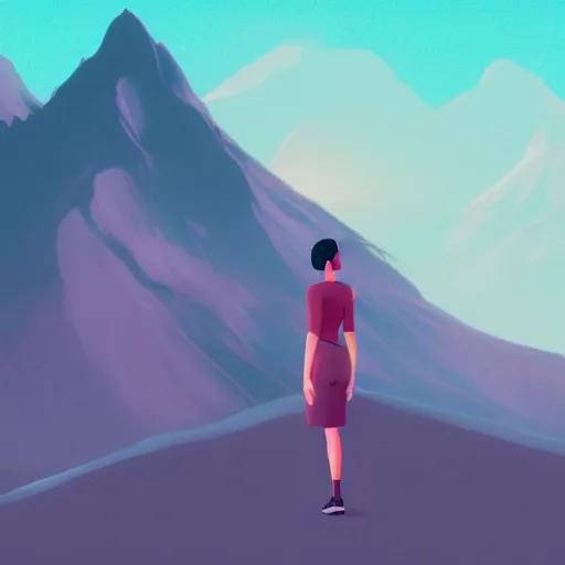 Prompt: photo of woman outside inspired by lois van baarle, background mountains, 8 k