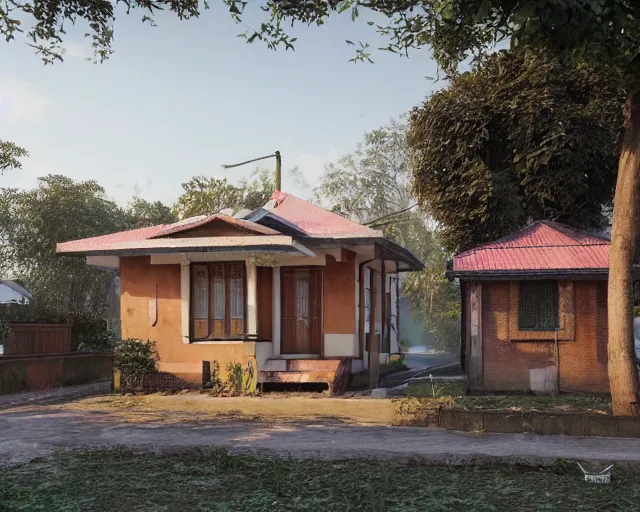 Prompt: small cute assam type house, 1 4 mm, 3 d render, evermotion archexteriors, 3 ds max, v - ray, ray traced, high resolutioin hdri environment by vue, unreal engine, cinema 4 d, perspective, diorama, perfectly centered and sharp focus